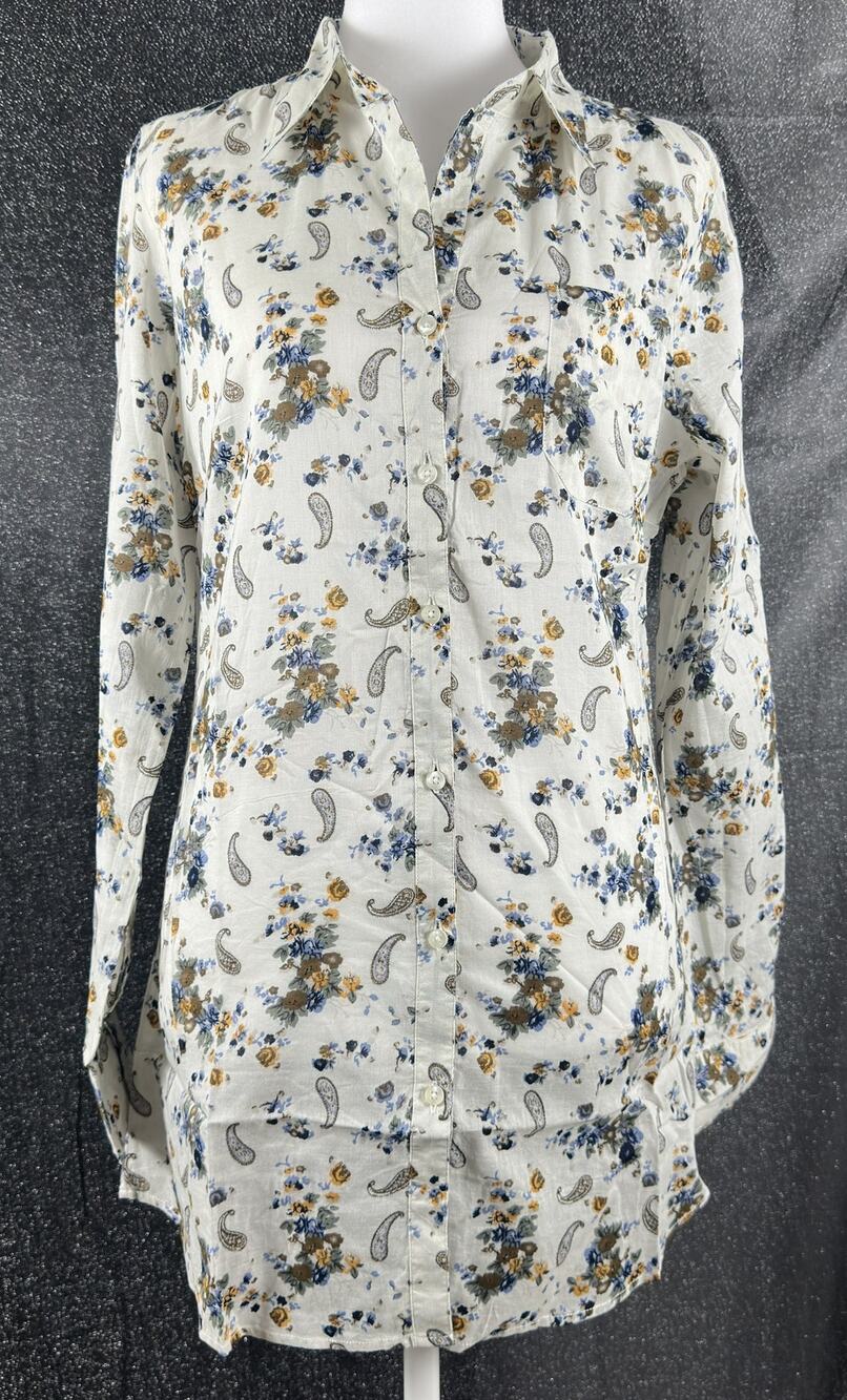 NWT Standards & Practices Cream Off White Floral Paisley Button Front Tunic LG